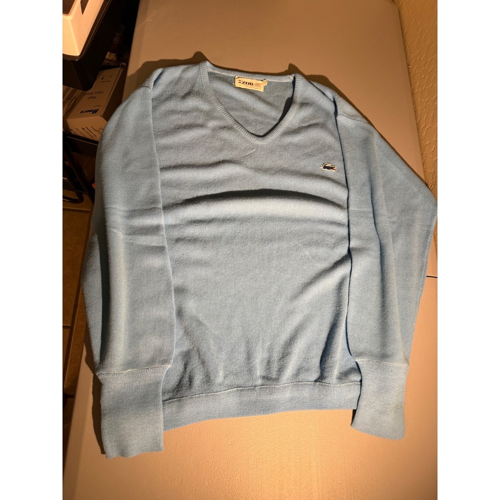 Vintage Izod‎ Lacoste Mens Light Blue V-Neck Sweater Crocodile Logo Knit